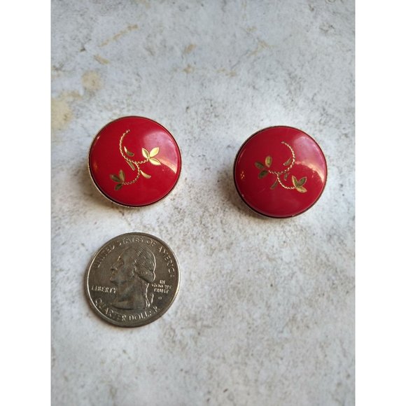 Vintage Red Enamel Clip on Earrings with Oriental Leaf Design Christmas - Picture 3 of 4